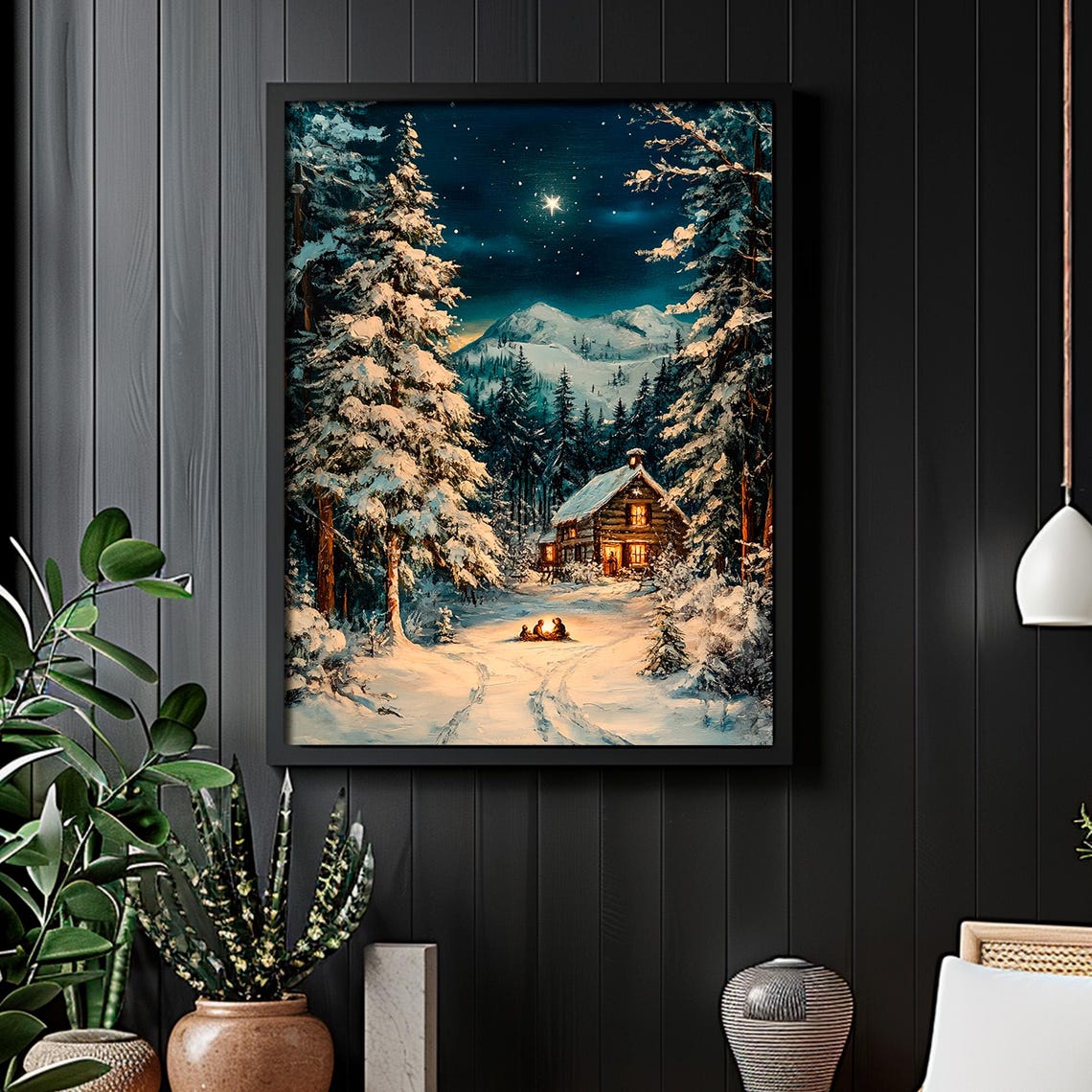 Starlit Log Cabin in Snowy Pine Forest Christmas Night Wall Art - Image 2