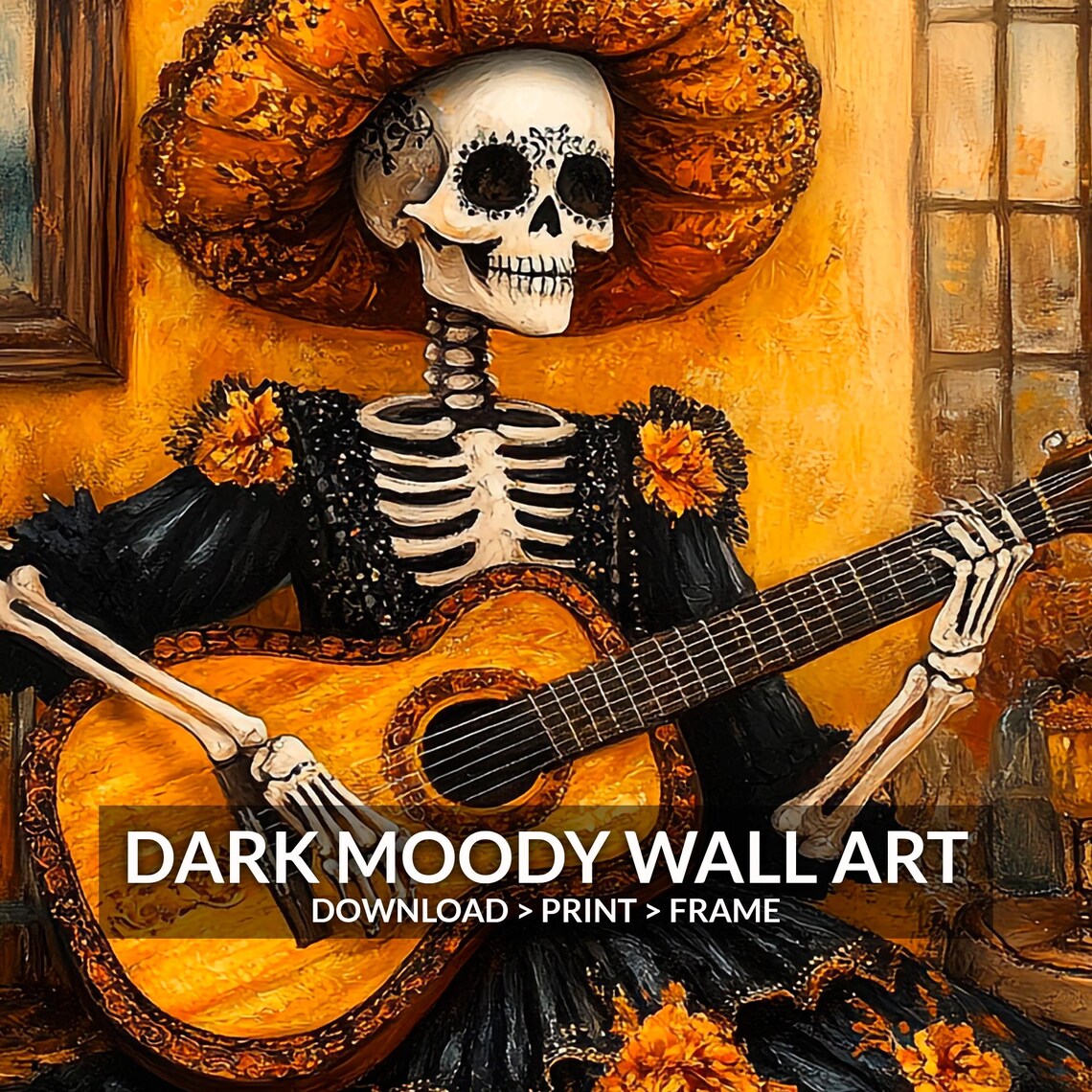 Day of the Dead Catrina Sombrero Guitar Vintage Painting Poster - Image 6