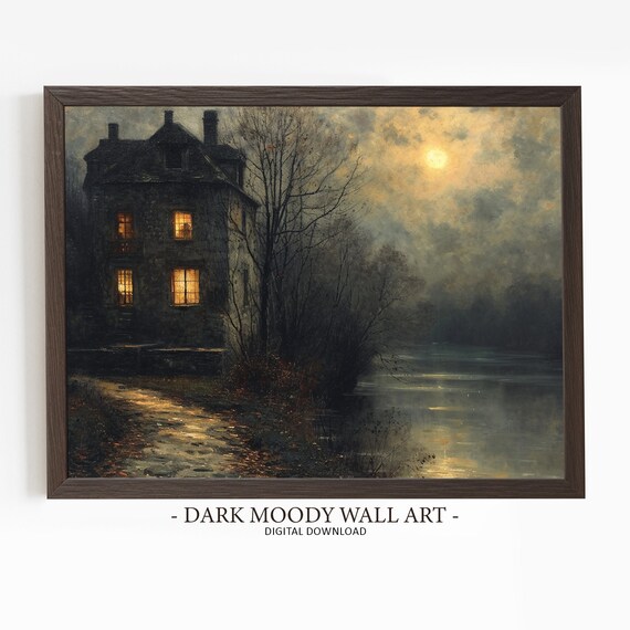 Moonlit Stone House With Glowing Windows by Lake Full Moon Night Painting Poster