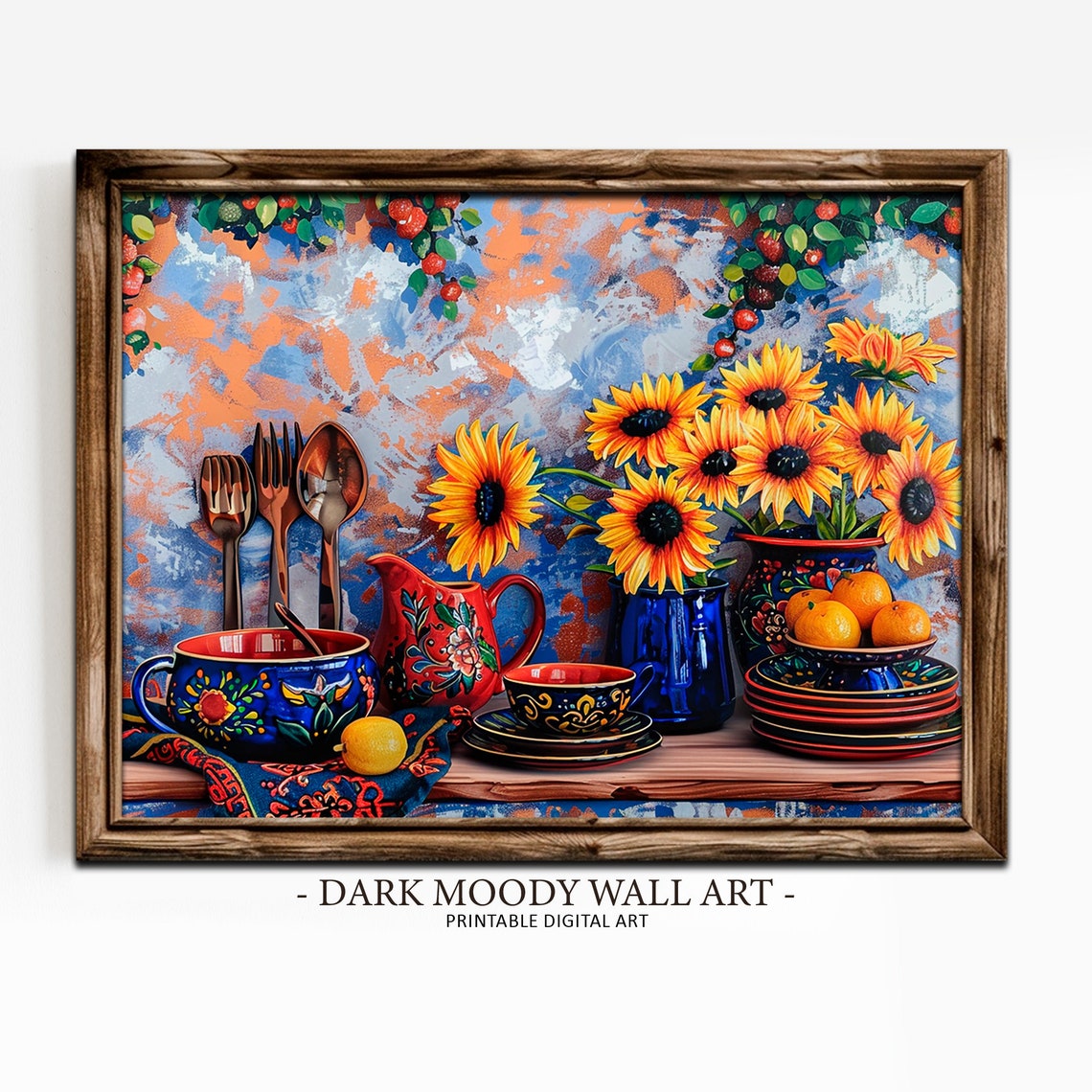 Talavera Pottery Sunflowers Oranges Folk Still Life Art Poster