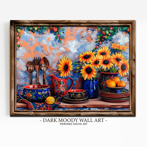 Talavera Pottery Sunflowers Oranges Folk Still Life Art Poster