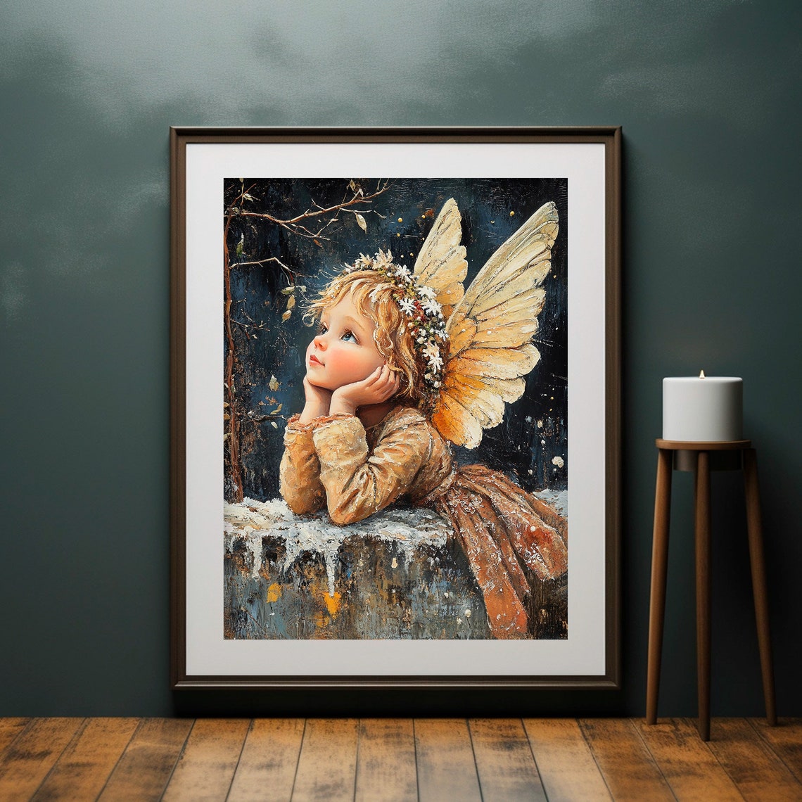 Angel Child Resting On Snowy Stone Wall Dreamy Painting Poster - Image 2
