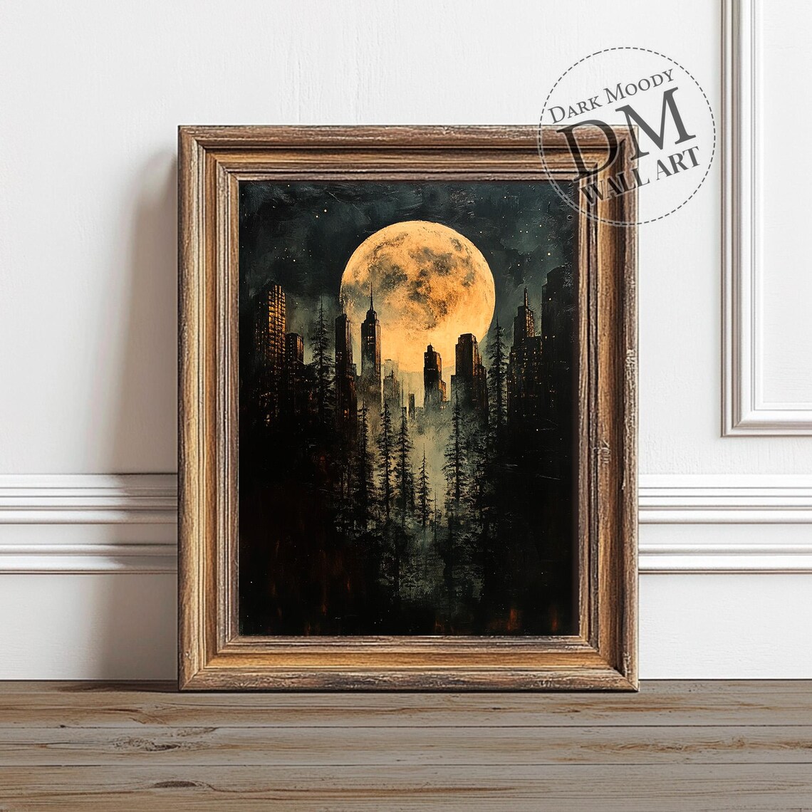 Halloween Cityscape Wall Art Gothic Full Moon Skyline Scene