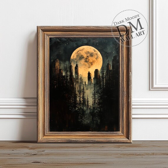 Halloween Cityscape Wall Art Gothic Full Moon Skyline Scene
