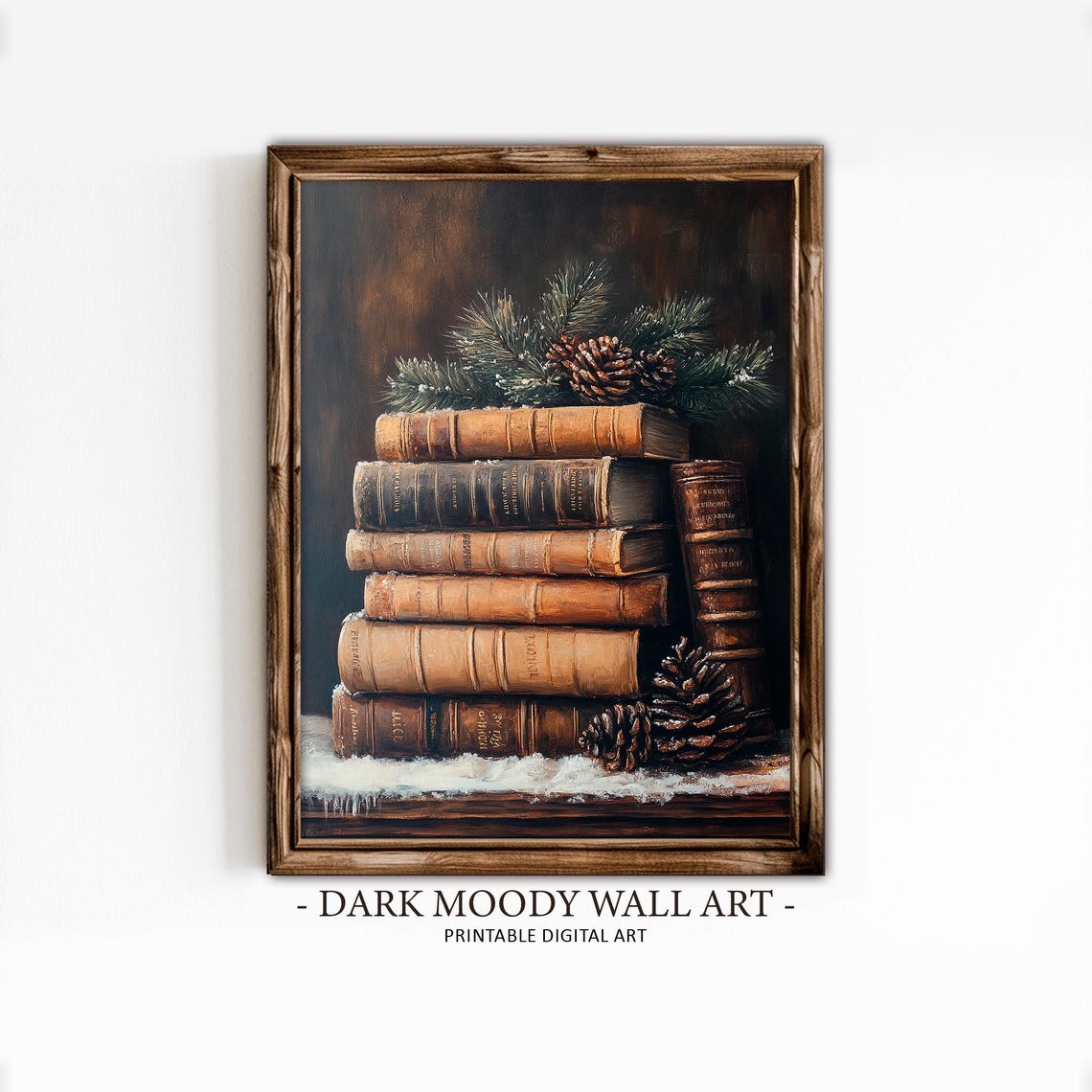 Vintage Books Stacked With Pine Cones Moody Holiday Winter Wall Art - Image 2