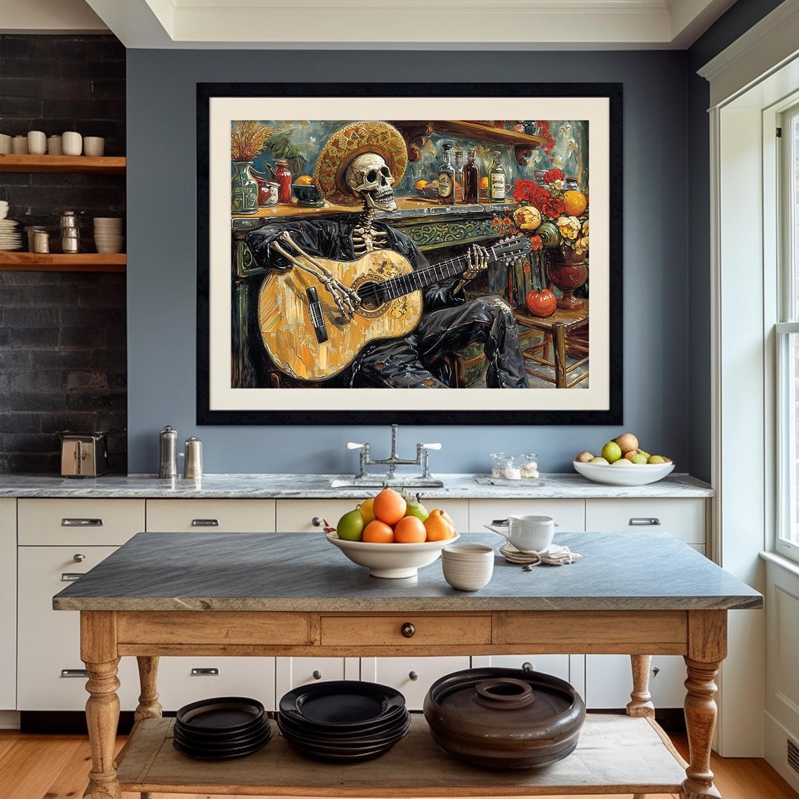 Mexican Skeleton Guitar Player Sombrero Cantina Folk Art Poster - Image 2