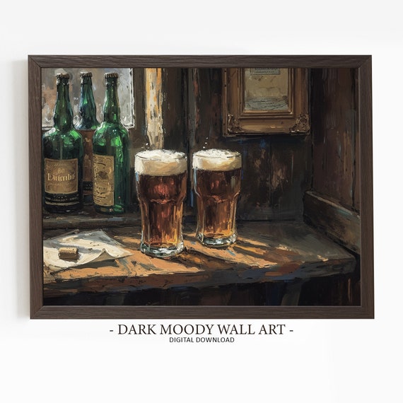 Alcohol Print Beer And Whiskey Painting Dark Moody Irish Pub Art St Patricks Day Prints Bar Cart Irish Wall Decor