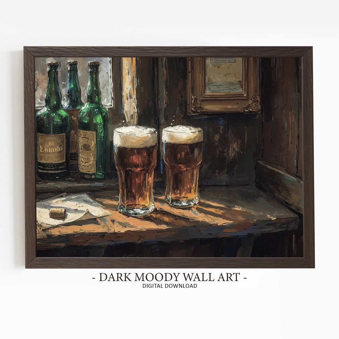 Two Beer Pints And Bottles Old Irish Pub Scene Oil Painting Poster