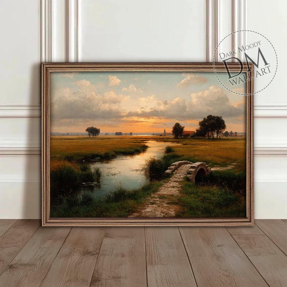 European Countryside Wall Art Rustic River Sunset Landscape Scene Downloa