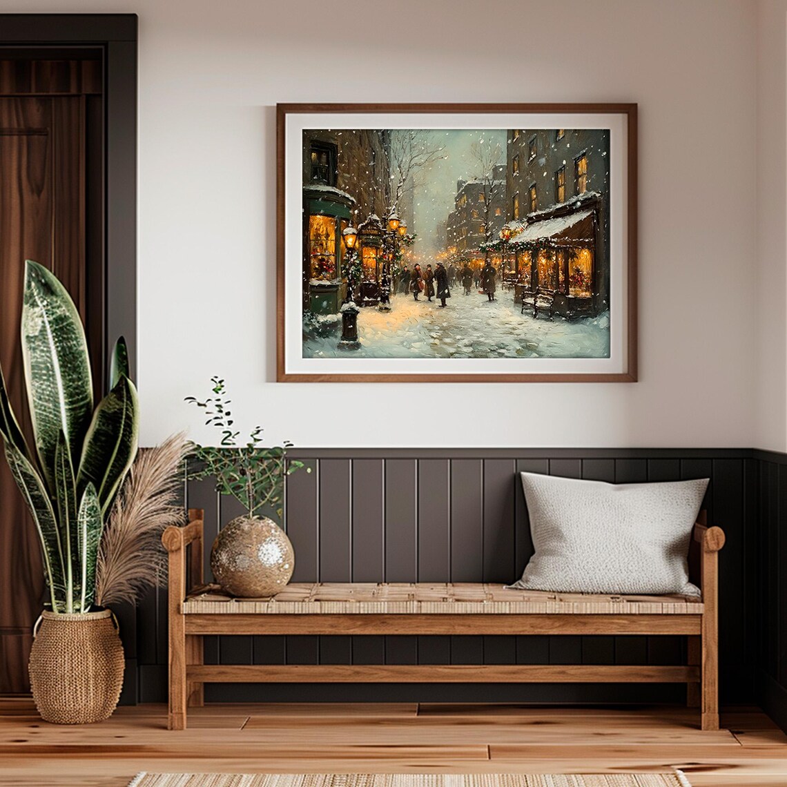 Snowy Vintage City Street Shops Night Lights Winter Painting Poster - Image 2
