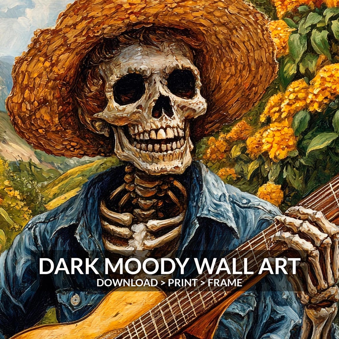 Day of the Dead Skeleton Guitar Player Garden Van Gogh Poster - Image 2