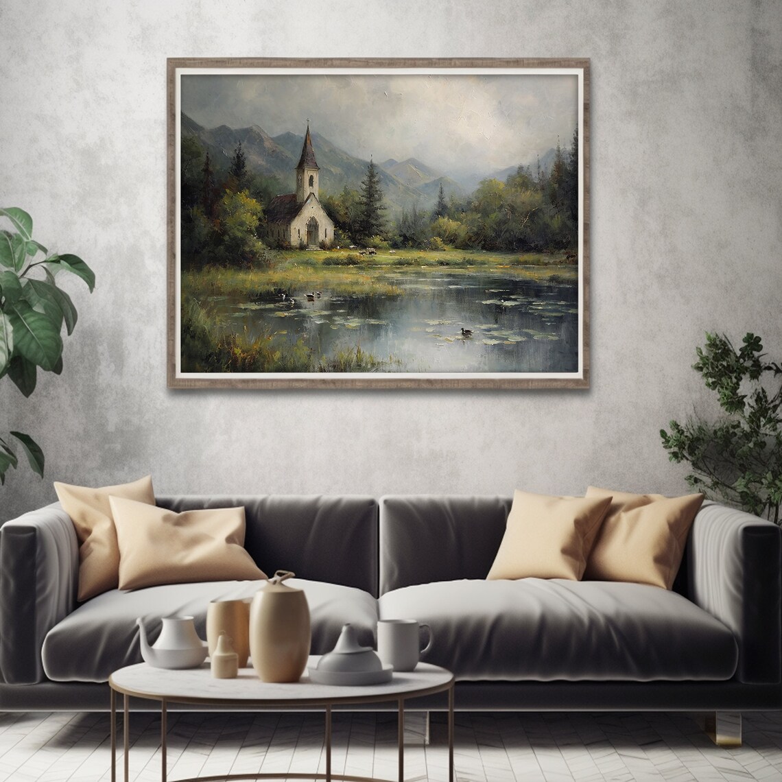 Vintage Church Painting Moody Landscape Art Print - Image 4