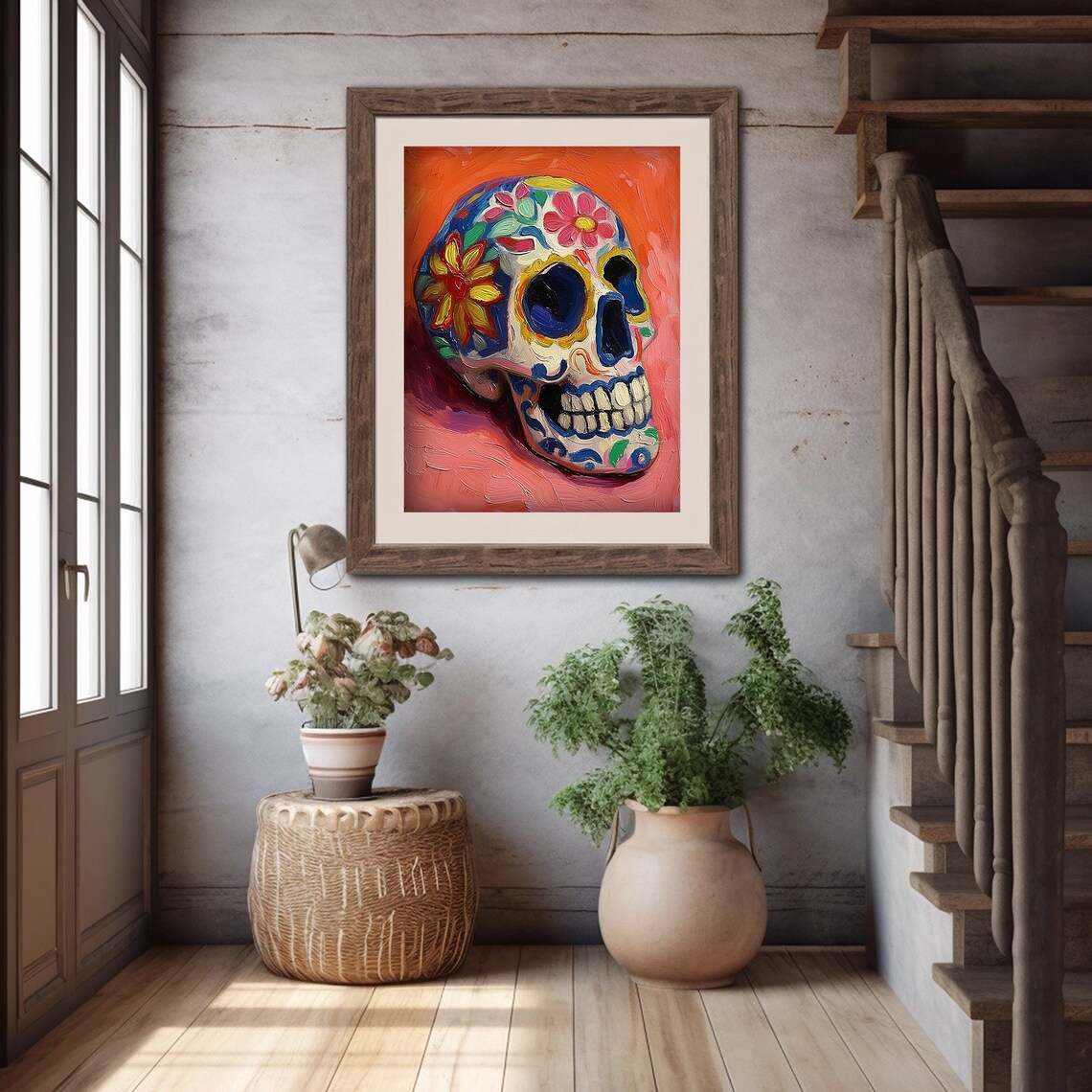 Colorful Sugar Skull Folk Art Dia De Los Muertos Painting Poster - Image 6