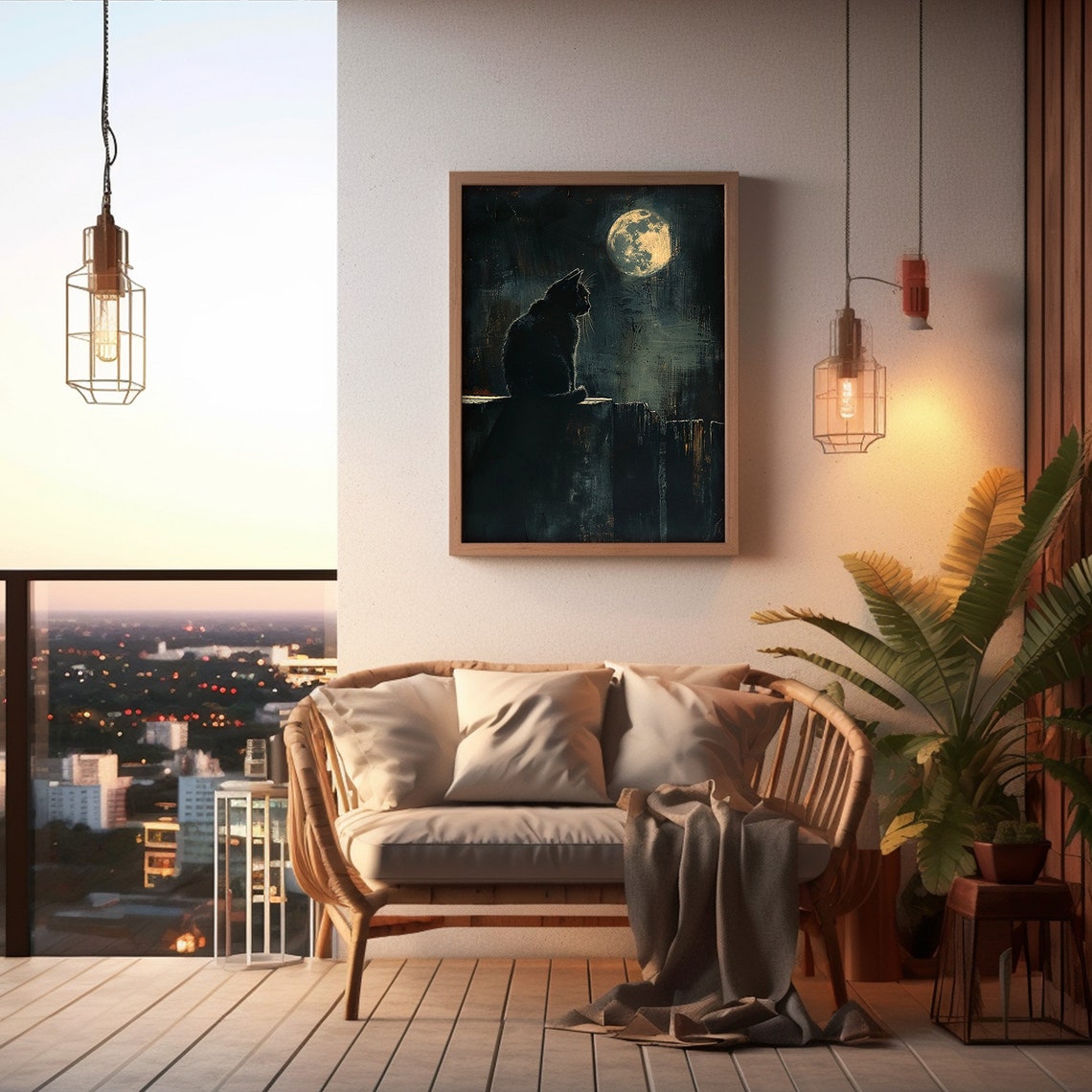 Full Moon Print Moonlight Cat Painting Dark Moody Art Black Background Art - Image 5