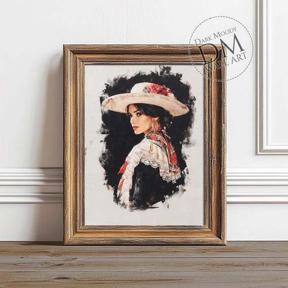 Mexican Woman Wall Art Traditional Portrait With Sombrero Roses