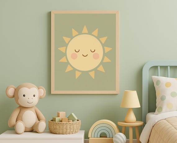 Smiling Sun Nursery Wall Art Pastel Sunshine Poster For Kids Room Happy