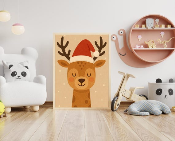 Christmas Reindeer Wall Art Cute Holiday Animal Print For Kids Santa Hat Nursery Decor Winter Baby Room