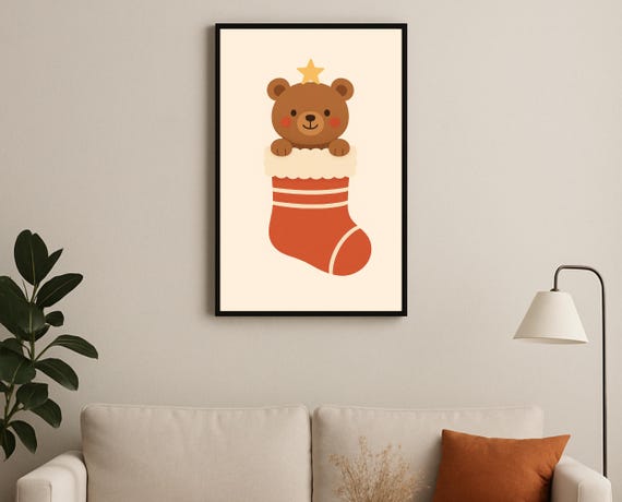 Christmas Bear In Stocking Holiday Wall Art Kids Nursery Decor Scandinavian