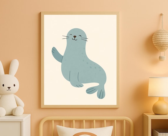 Smiling Blue Seal Waving Cute Ocean Nursery Animal Poster Decor