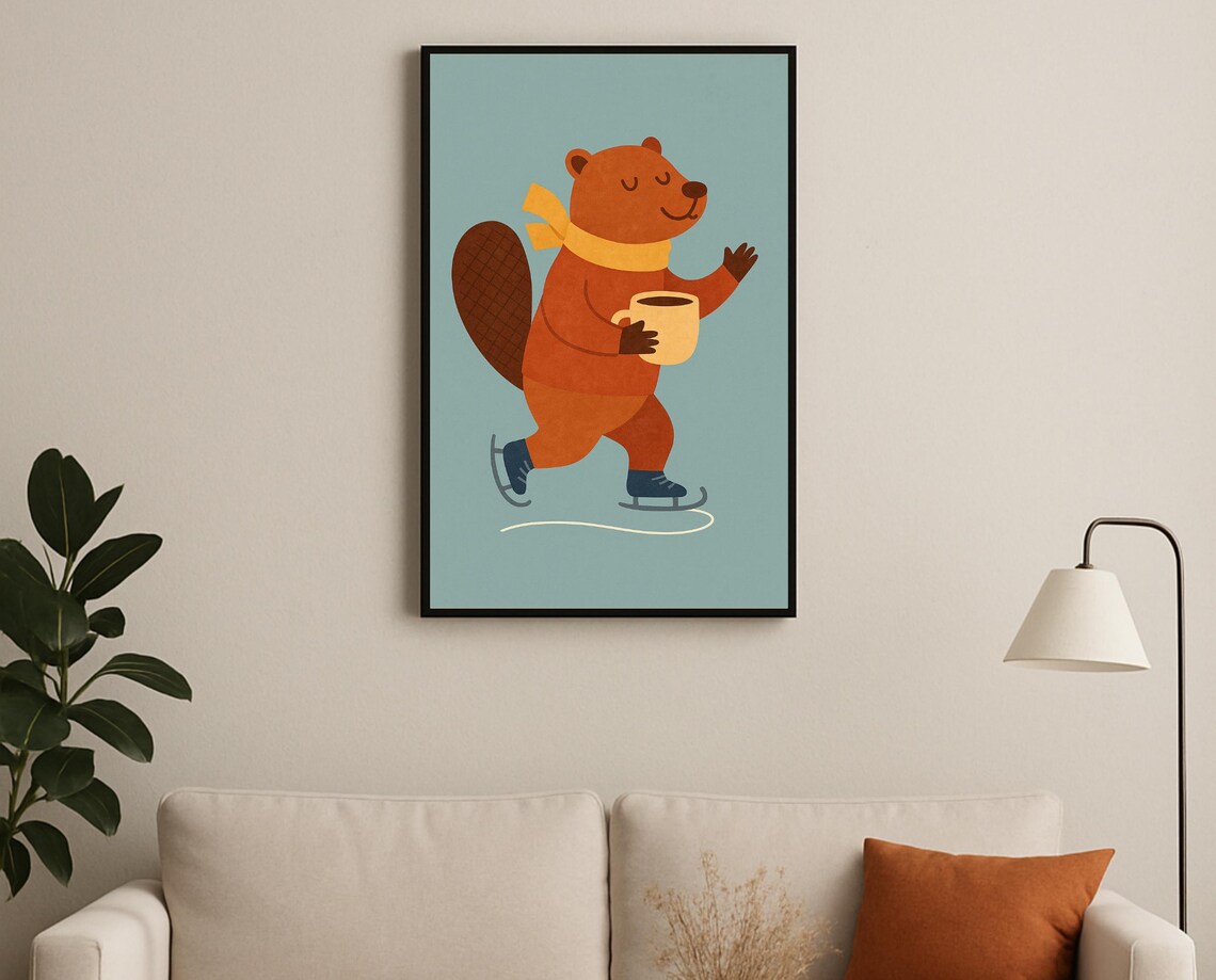 Ice Skating Beaver With Cocoa Cozy Winter Nursery Animal Poster