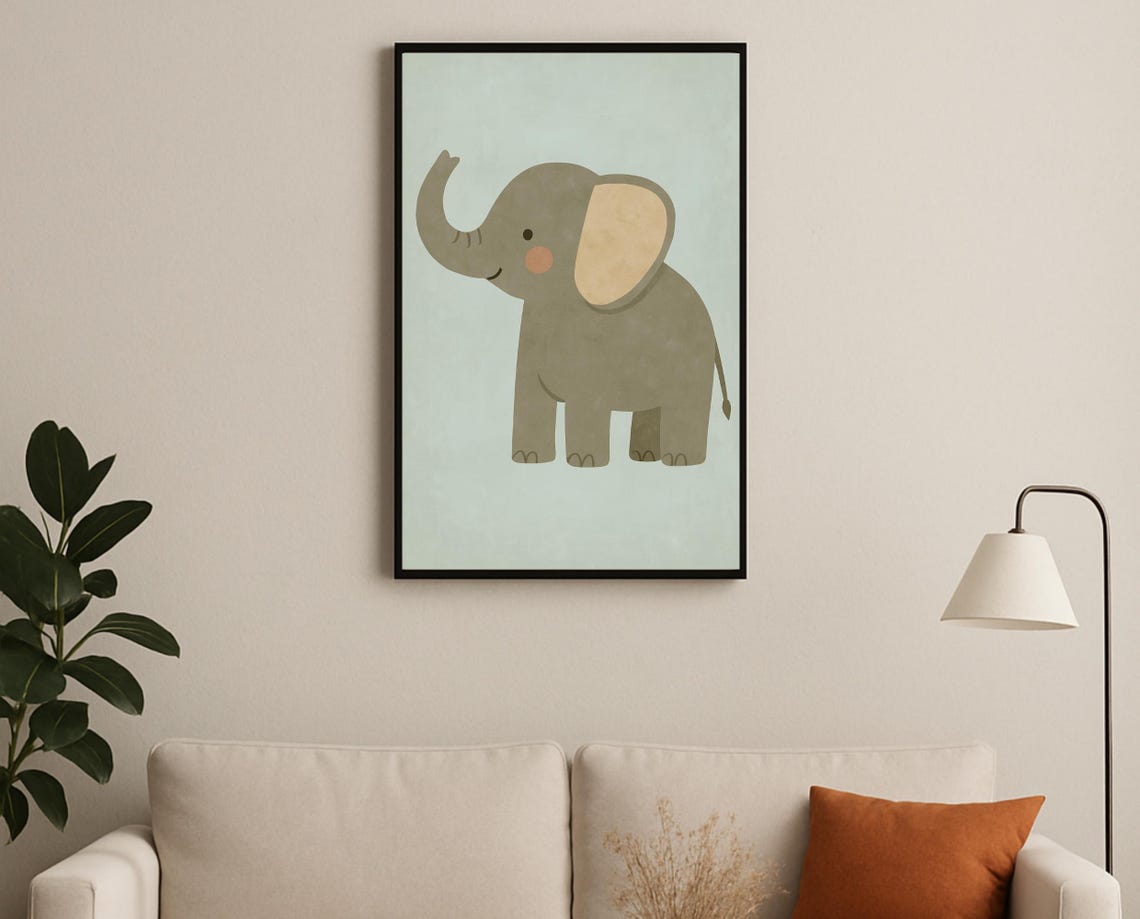 Elephant Nursery Wall Art Safari Animal Print Kids Room Decor Minimalist Pastel