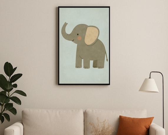 Gray Elephant with Raised Trunk Sage Green Nursery Wall Poster