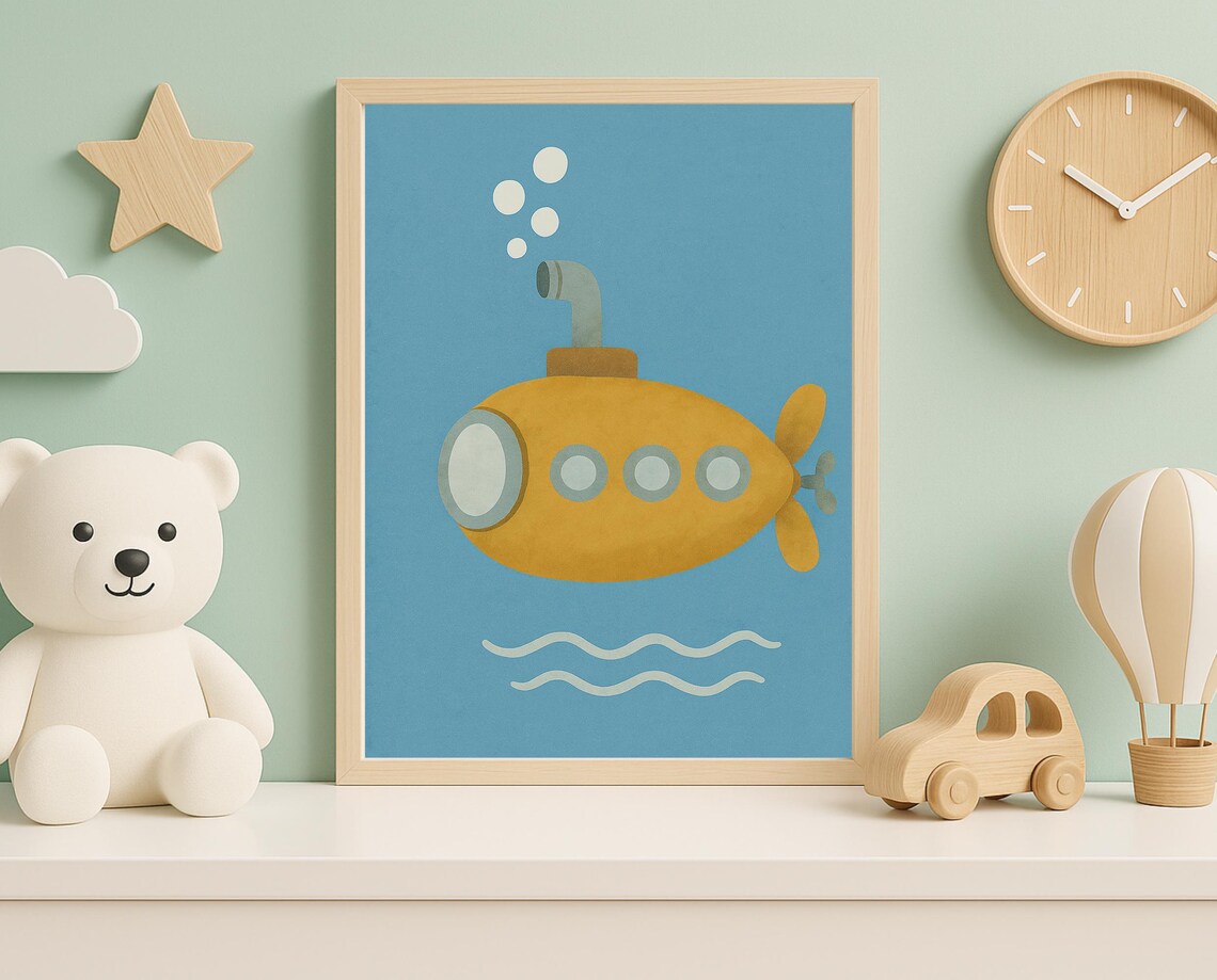 Yellow Submarine Ocean Adventure Watercolor Kids Room Wall Art