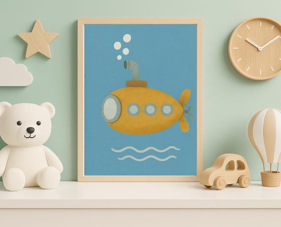 Yellow Submarine Nursery Wall Art Underwater Kids Room Poster Nautical Ocean Themed