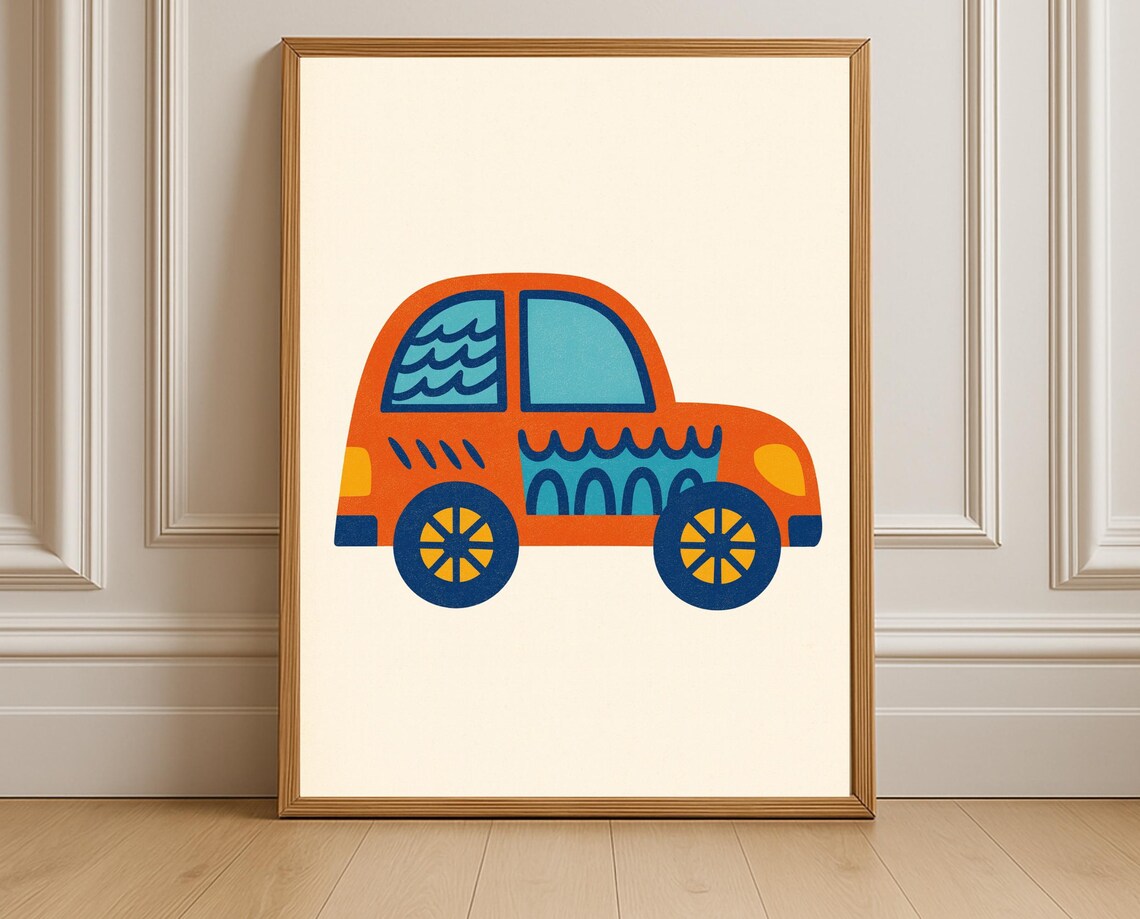Cute Orange Car Nursery Illustration Playful Retro Kids Room Art Poster