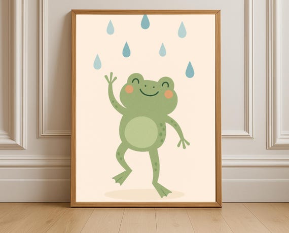 Dancing Frog In The Rain Nursery Print Wall Art Kids Room Decor