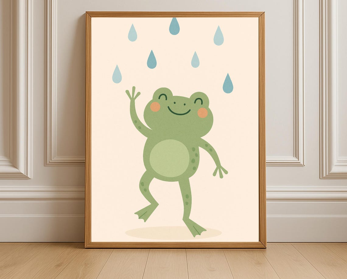 Dancing Green Frog in the Rain Under Falling Drops Wall Poster
