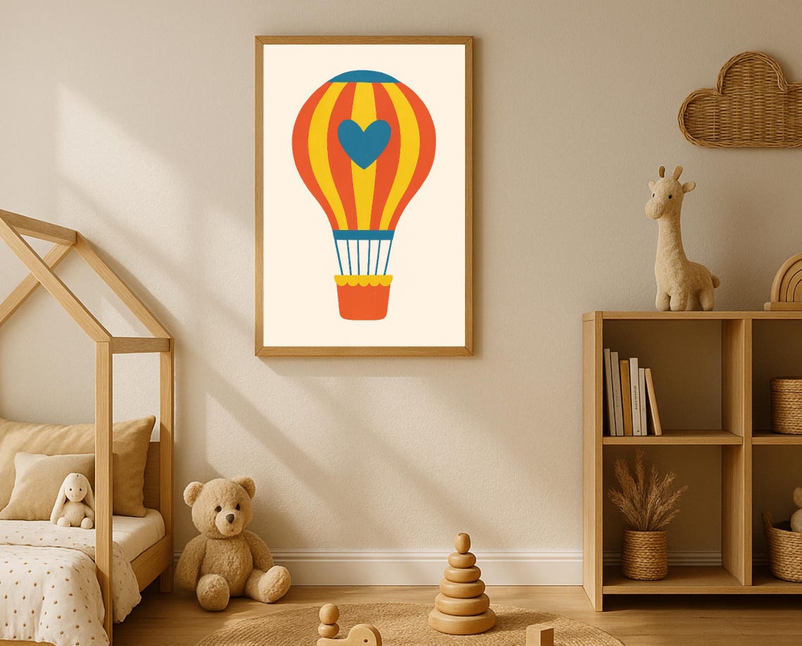 Hot Air Balloon With Heart Striped Red Yellow Nursery Kids Poster