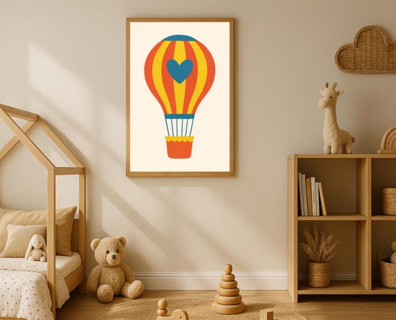 Hot Air Balloon Nursery Wall Art Heart Kids Room Decor Playroom Poster Colorful Gender Neutral Instant