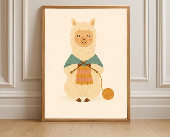 Knitting Llama Wall Art Hobby Animal Series Nursery Cozy Yarn Illustration For Kids Room