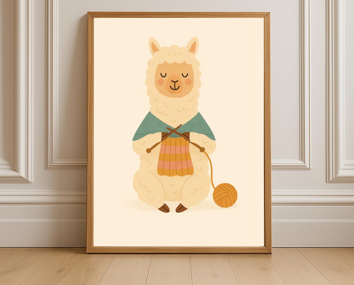 Knitting Llama Wall Art Hobby Animal Series Nursery Cozy Yarn Illustration For Kids Room