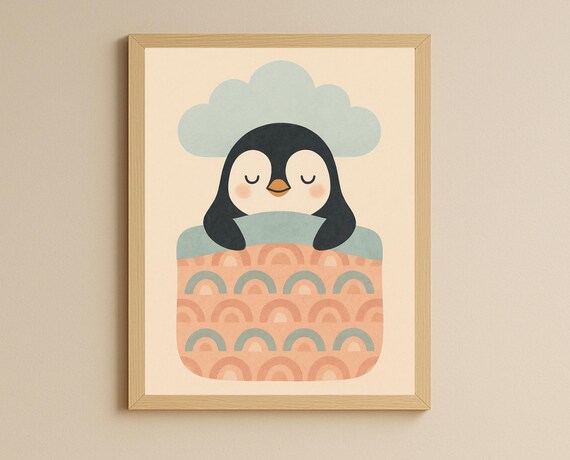 Sleeping Baby Penguin Bedtime Pastel Rainbow Nursery Kids Room Poster