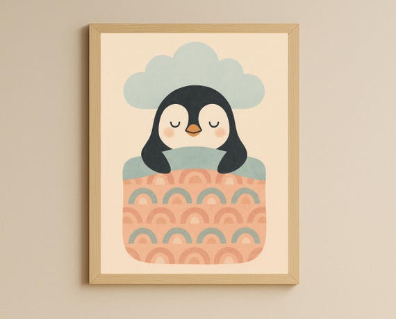 Sleeping Penguin Nursery Wall Art Bedtime Poster Scandinavian Boho Pastel Kids Room Decor Instant
