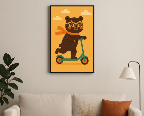 Scooter Riding Bear Wall Art Hobby Animal Series Print For Nursery Playroom Modern Kids Room Decor
