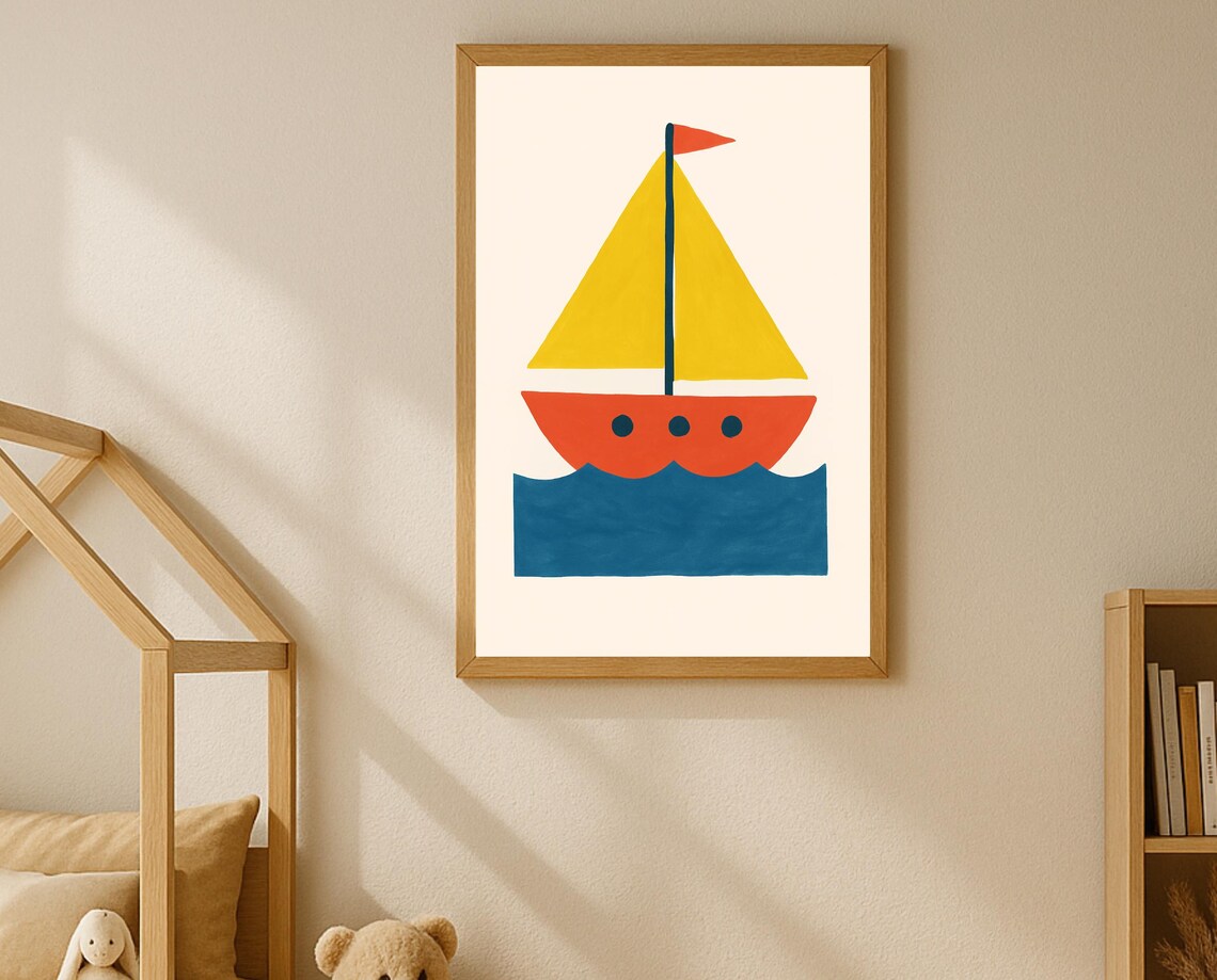 Cartoon Sailboat Yellow Sails Nursery Illustration Nautical Kids Poster