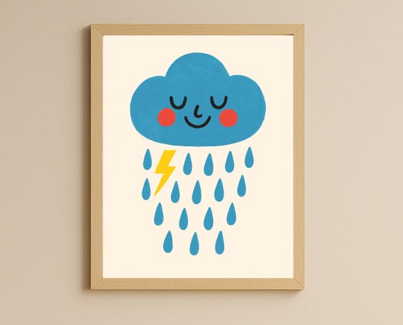 Rain Cloud Nursery Wall Art Lightning Bolt Kids Room Playroom Decor Weather Theme Poster Gender Neutral Instant