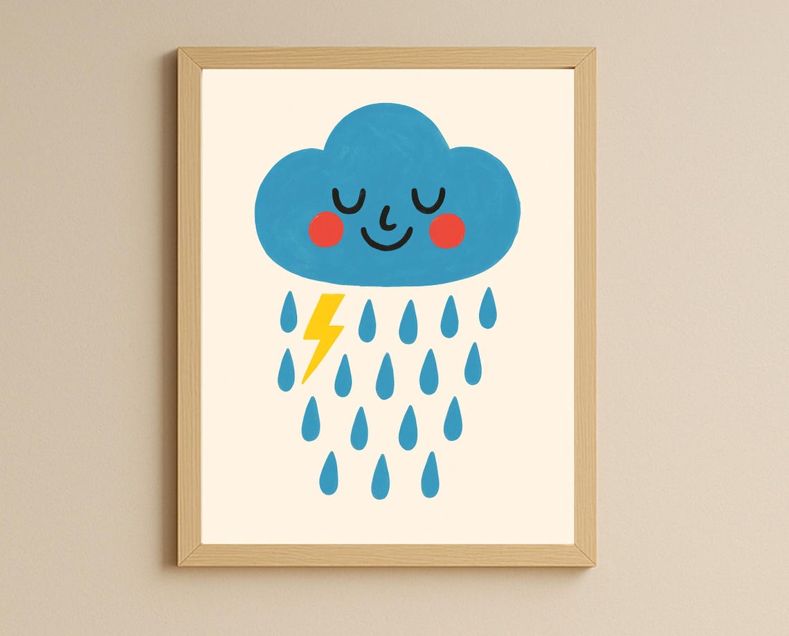 Smiling Rain Cloud With Lightning Bolt Cute Nursery Kids Poster