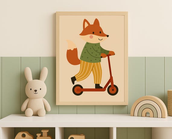 Scooter Fox Wall Art Cute Animal For Nursery Toddler Room Decor Modern Kids Print