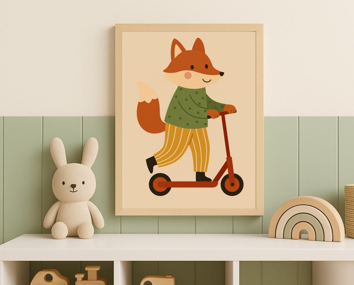 Stylish Fox Riding Scooter Cute Hobby Animal Nursery Kids Poster