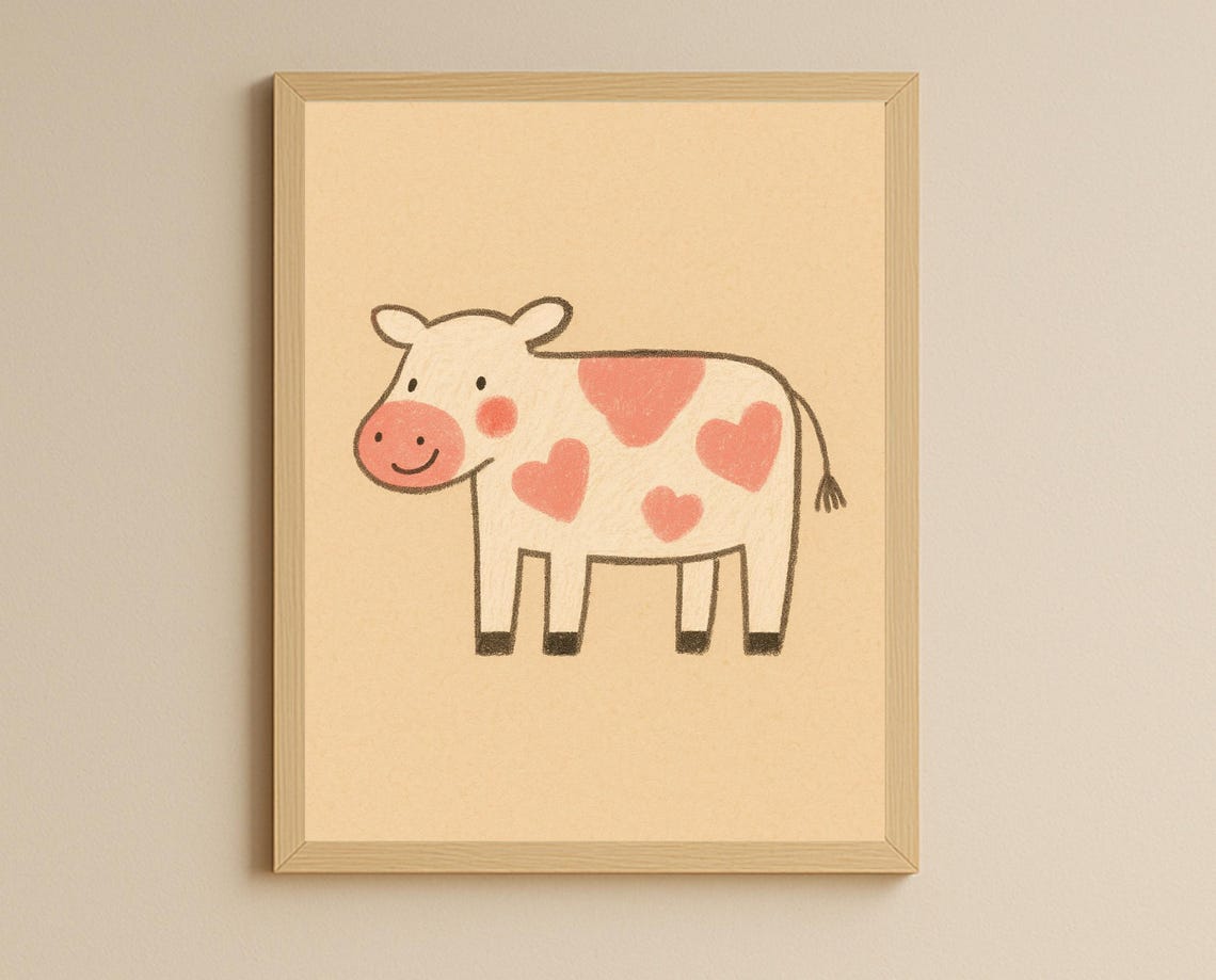 Sweet Smiling Cow With Pink Heart Spots Cartoon Nursery Kids Poster