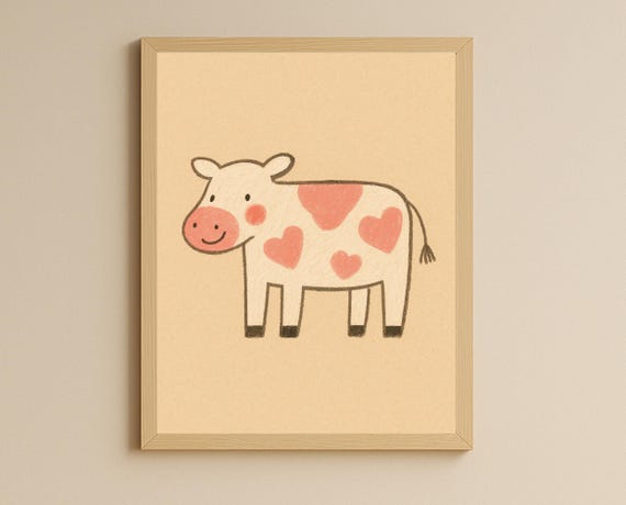 Heartspot Cow Nursery Wall Art Farm Animal Print Cute Illustration Genderneutral Kids Room Decor Instant