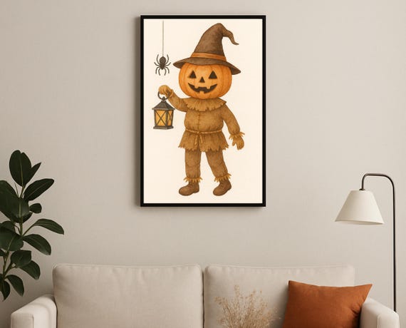 Pumpkin Head Scarecrow With Lantern Cute Halloween Decor Poster
