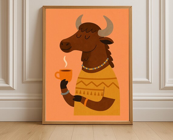 Coffee Loving Buffalo in Sweater Warm Orange Nursery Poster Art