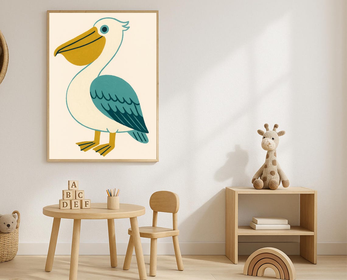 Cute Pelican Nursery Wall Art For Kids Room Beach Bird Decor