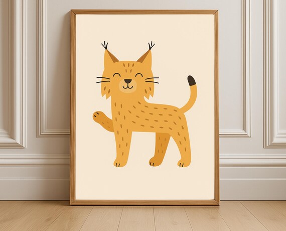 Smiling Spotted Lynx Wild Cat Waving Paw Nursery Animal Poster