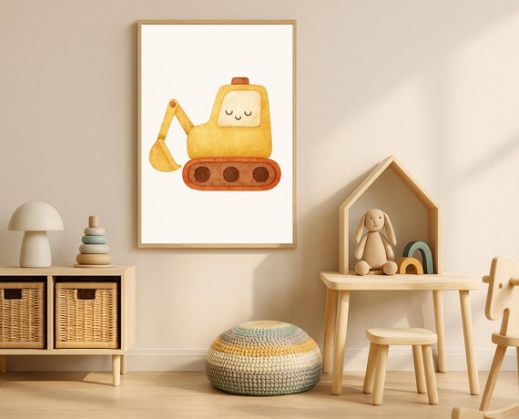 Smiling Yellow Excavator Watercolor Construction Poster for Boys Room